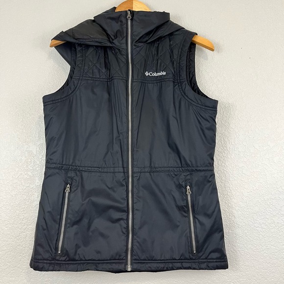 Columbia Jackets & Blazers - Columbia Black Hooded Puffer Vest YKK Full Zip Cinch Waist Size Medium Gorpcore